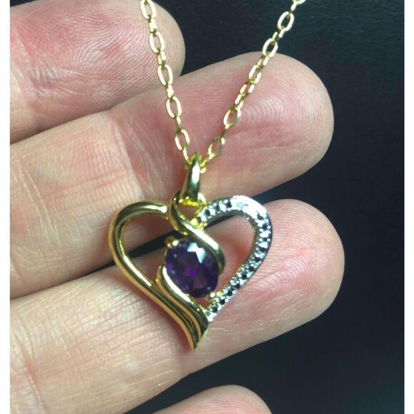 1633 PAJ BB Yellow Gold Plated Natural Amethyst swirl heart Pendant Necklace 18" - Picture 1 of 2